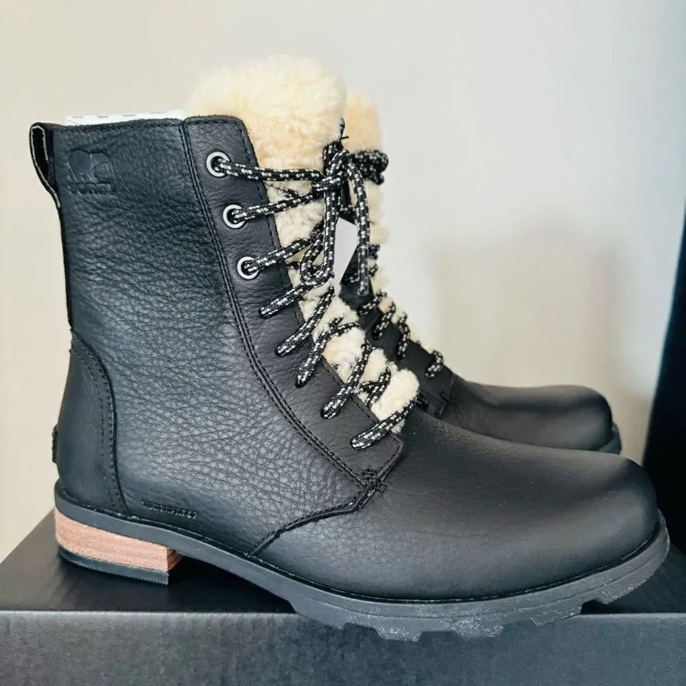 SOREL Emelie Genuine Shearling Lamb Fur Short Lace-Up Boot, Black, Size 9,‎ NWT